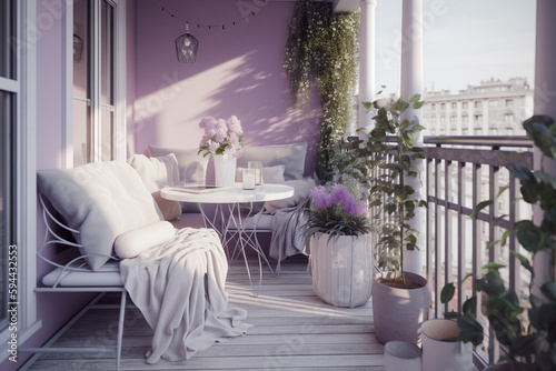 Cozy balcony for woman, lilac light colors. Super photo realistic background, generative ai illustration