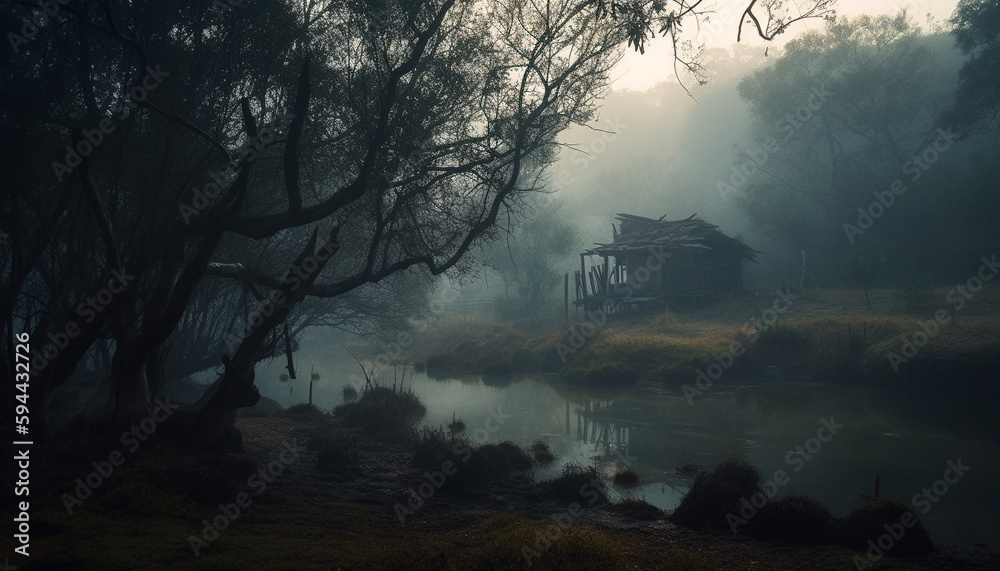 Spooky tree, dark fog, abandoned hut, mystery generated by AI