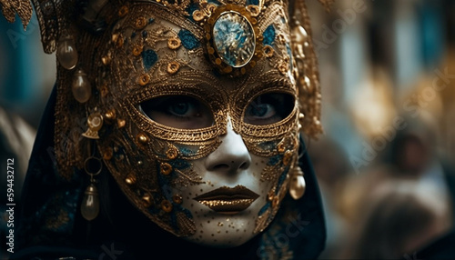 Golden mask adorns young beauty at ancient festival generated by AI