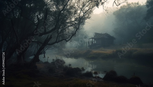 Spooky tree, dark fog, abandoned hut, mystery generated by AI