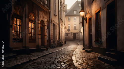 Street-level shot of a quaint cobblestone alley in a historic European town.