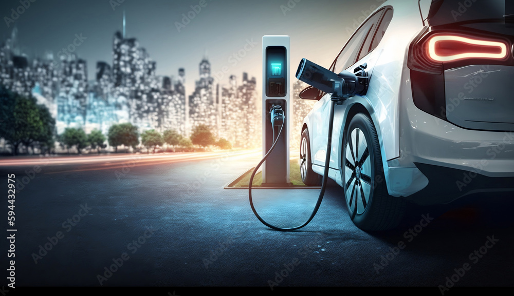 EV charging station for electric car in concept of green energy and eco power produced from sustainable source to supply to charger station in order to reduce CO2 emission .
 - obrazy, fototapety, plakaty 