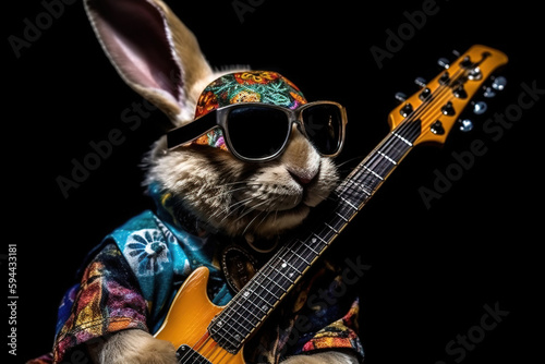 Rocking rabbit posing with his orange electric guitar, sunglasses, headband, and colorful jacket. Studio portrait against a black background. Guitar-playing bunny.