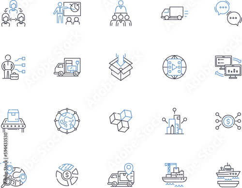 Spreading out line icons collection. Divergence, Expansion, Distribution, Dispersion, Scattering, Diffusion, Radiance vector and linear illustration. Unfolding,Infusion,Illumination outline signs set