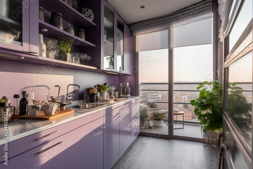 Cozy modern kitchen for woman, lilac light colors. Super photo realistic background, generative ai illustration © Anna