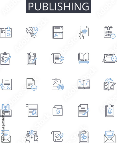 Publishing line icons collection. Printing press, Bookmaking, Magazine creation, Article releasing, Report production, Newsletter issuing, Journal publication vector and linear illustration. Report