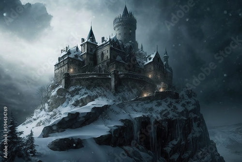 a castle sitting on top of a snow covered hill, dark castle, gothic art 