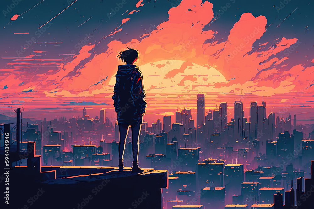 a person standing on top of a roof looking at a city, anime illustration 