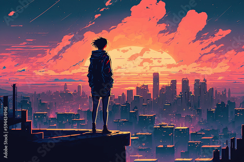 a person standing on top of a roof looking at a city, anime illustration 