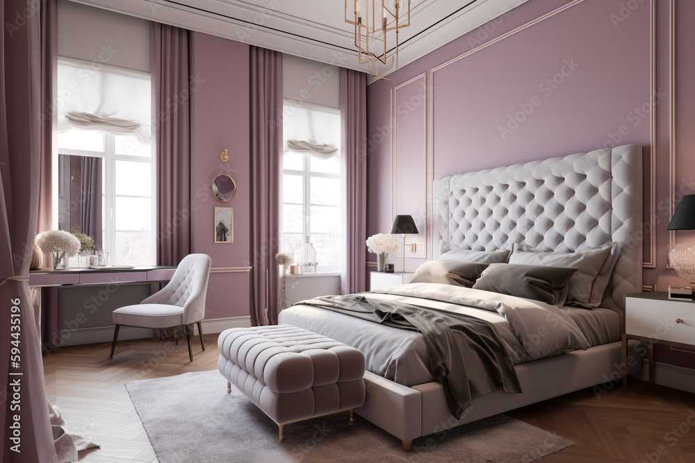 Cozy bedroom for woman, lilac light colors. Super photo realistic background, generative ai illustration