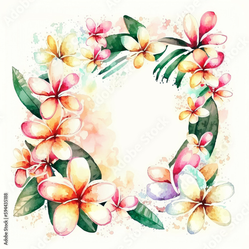 Plumeria flowers forming frame  celebrative card template  wedding design  holiday and vacation. On white.