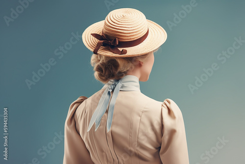 Woman dressed in clothes of the 1910s, dress and hat on blue background, back side view, created with Generative AI Technology photo