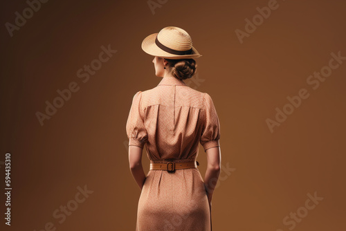 Elegance and vintage dressed woman in dress and hat in 1950s style, created with Generative AI Technology