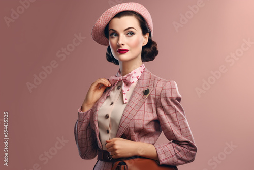 Elegance and vintage dressed woman in dress and hat in 1950s style, created with Generative AI Technology