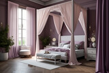 Cozy bedroom for woman, lilac light colors. Super photo realistic background, generative ai illustration