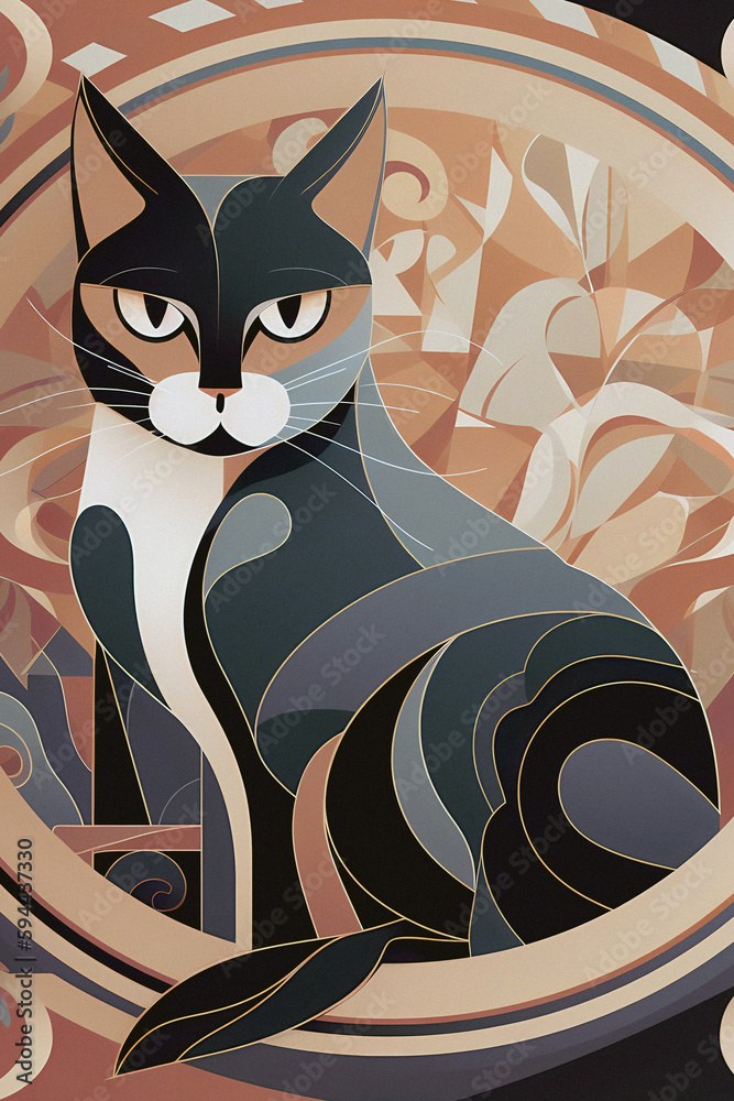 ai generated, cat ilustration, 1920s and 30s aesthetic, art deco ...