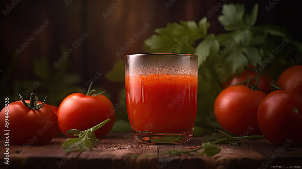 Fresh tomato juice, on a wooden background. Generative Ai Fresh tomato juice, on a wooden background. Generative Ai