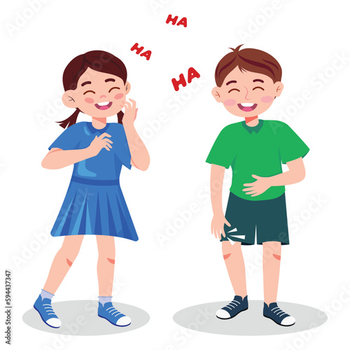 Vector illustration of cute and beautiful boy and girl laughing happily. Cartoon scene with smiling, joyful boy and girl isolated on white background.