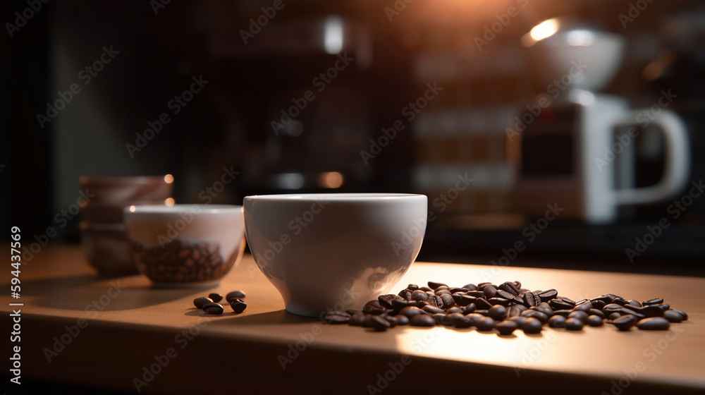 Hot Coffee cup and coffee beans roating on the wooden table. Generative Ai