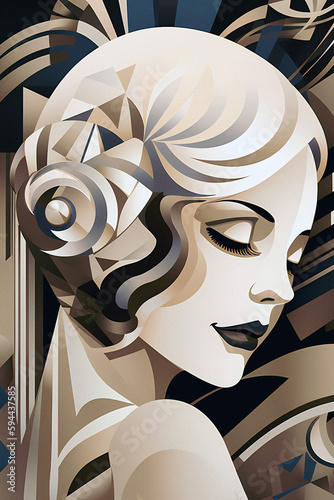 ai generated, woman ilustration, 1920s and 30s aesthetic, art deco paterns photo