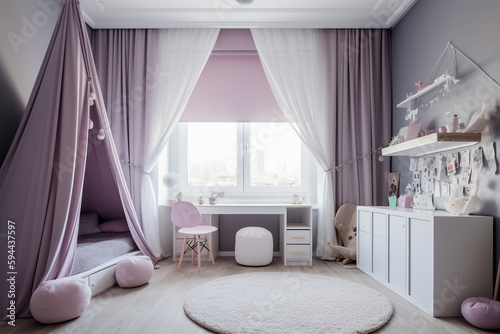 Cozy modern children bedroom for girl  lilac light colors. Super photo realistic background  generative ai illustration