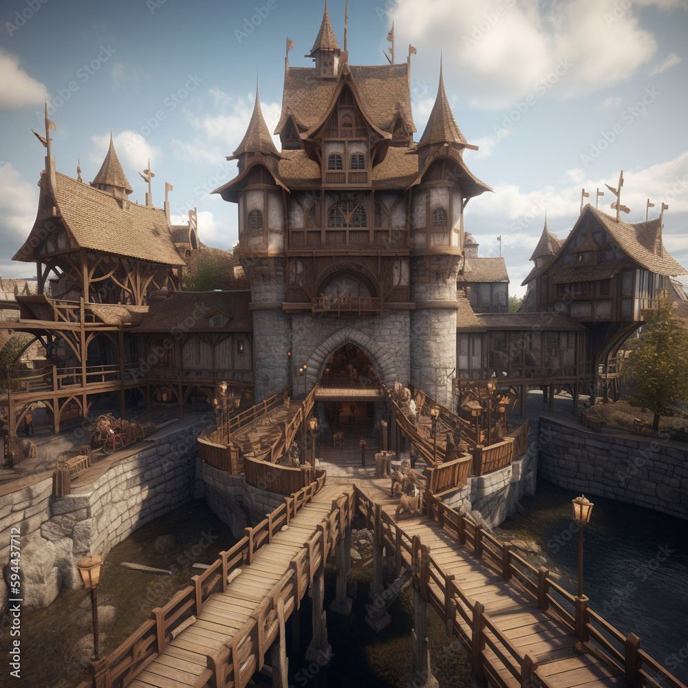 Intricately designed castle with drawbridge, Chinese and Medieval ...