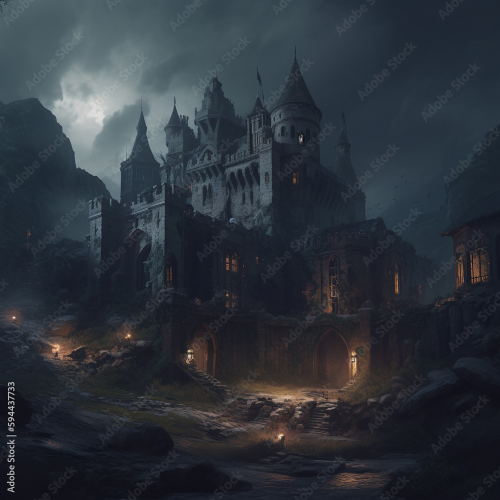 Dark castle dungeon with eerie underground atmosphere, midnight sky and clouds, highly detailed CG artwork of building and landscape in a fantasy world, generative AI.