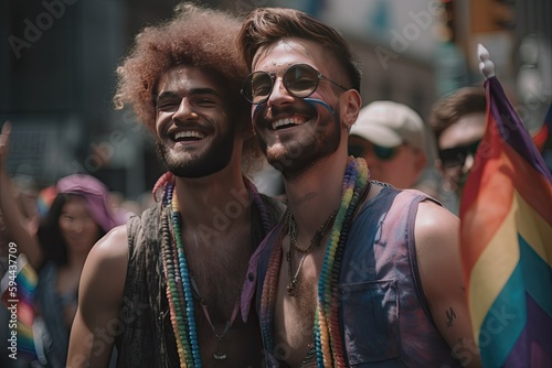 Young gay couple dancing at an outdoor pride party © CojanAI