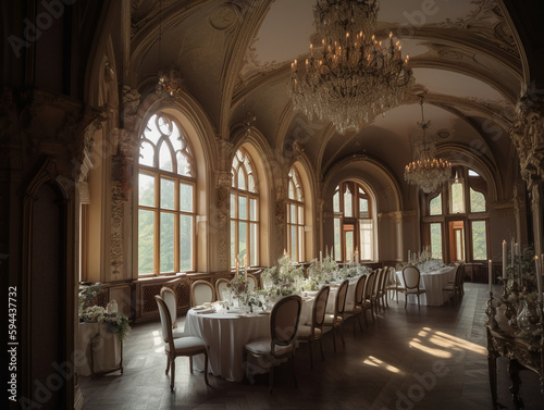 Lavish banquet hall in castle with symmetrical vaulted ceiling  grand table and chairs  intricate decorations  arcade windows  interior design  generative AI.