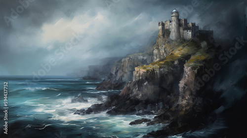 Castle on rugged cliff over water, natural landscape with clouds and horizon, wind waves and formations, generative AI.