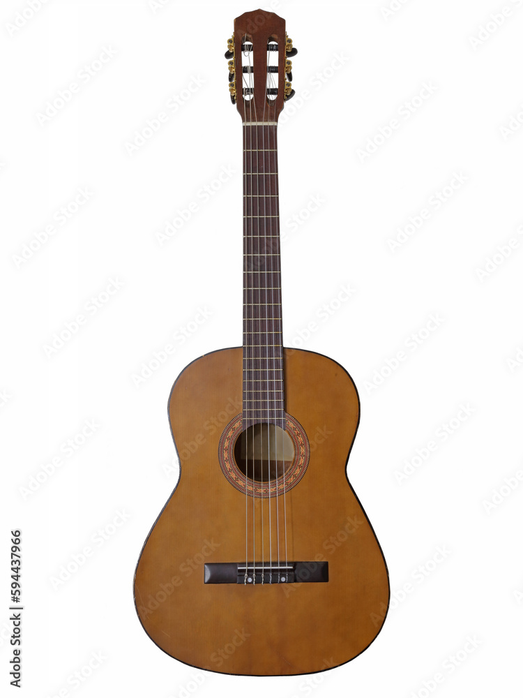 Obraz premium A vintage, nylon string acoustic is shown isolated, set against a white background.