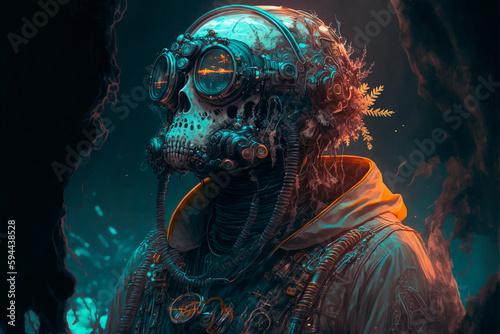 futuristic image of a skull creature with a robotic mask, image created with ai