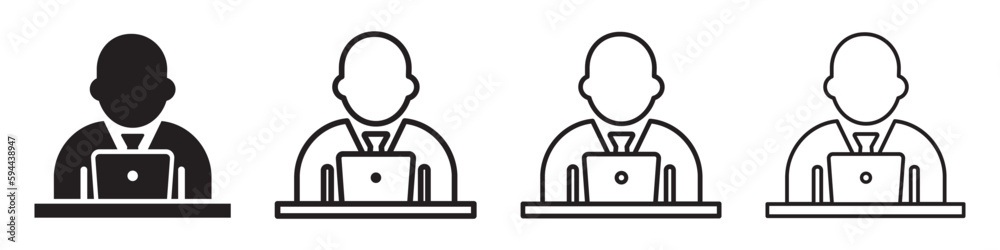 Set of businessmen with laptop or computer, icon. Person working on a computer or laptop. Vector illustration.