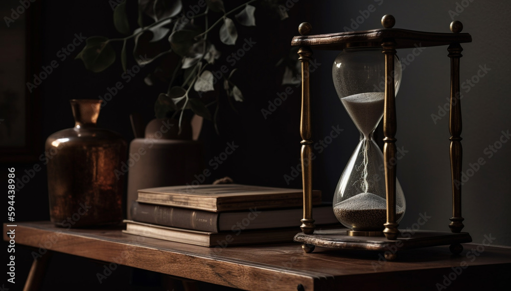 Antique hourglass on old table tells time generated by AI
