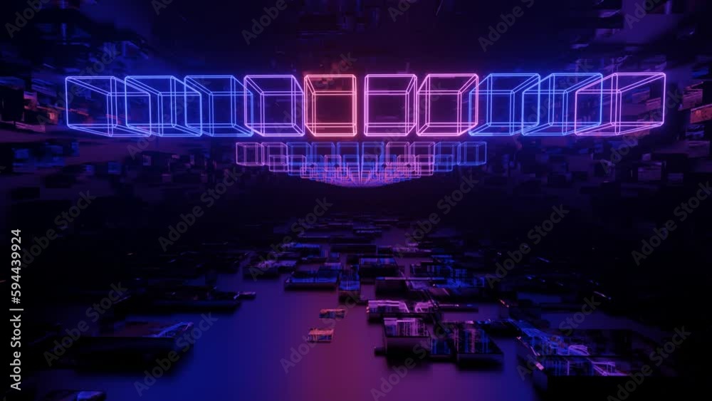 Hi-tech neon sci-fi tunel. Trendy neon glow lines form pattern and construction in mirror tunnel. Fly through technology cyberspace. 3d looped seamless 4k background.flickering 3d object night club