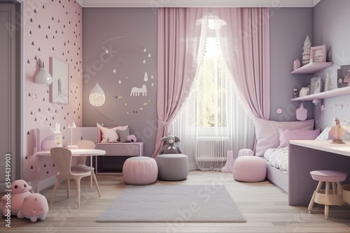 Cozy modern children bedroom for girl  lilac light colors. Super photo realistic background  generative ai illustration