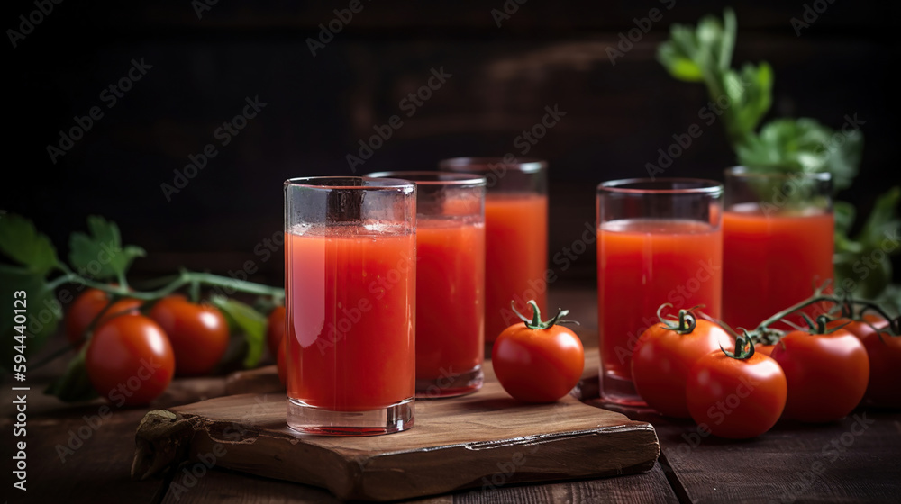 Fresh tomato juice, on a wooden background. Generative Ai