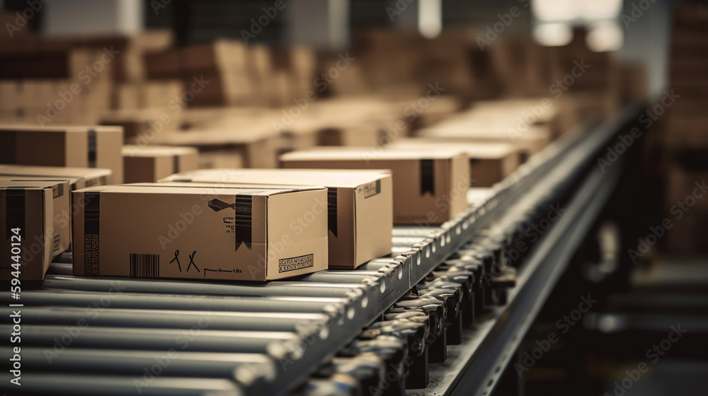 Orders processed on conveyor belt. Cardboard boxes in logistics warehouse. Generative Ai