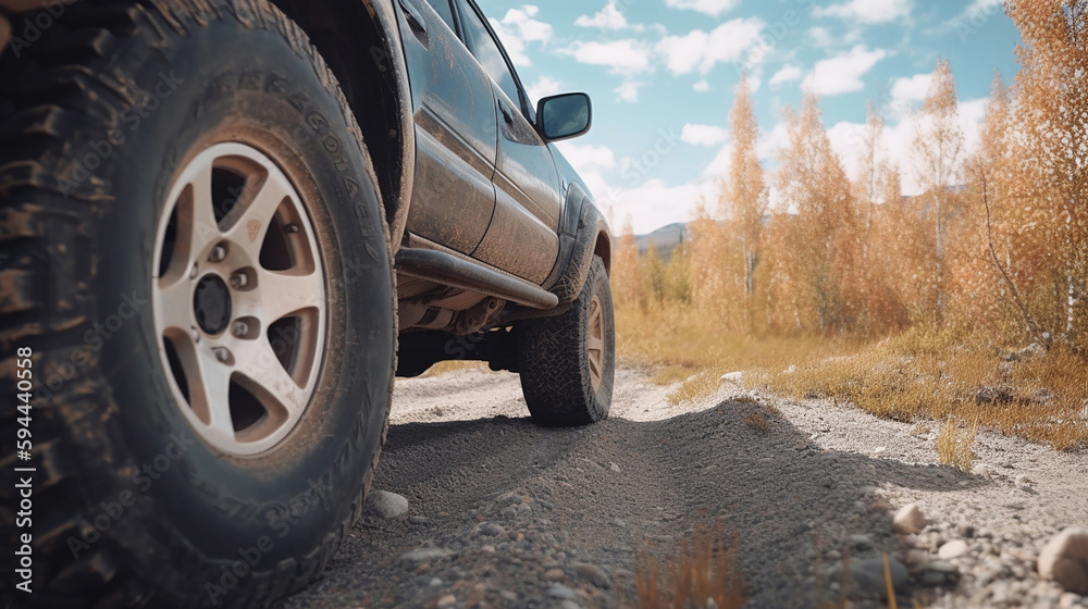 Truck car wheel on offroad steppe adventure trail. Generative Ai Truck car wheel on offroad steppe adventure trail. Generative Ai