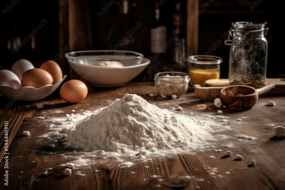 ingredients for making dough on a wooden table .eggs ,flour, salt, sugar and butter. Generative AI ingredients for making dough on a wooden table .eggs ,flour, salt, sugar and butter. Generative AI