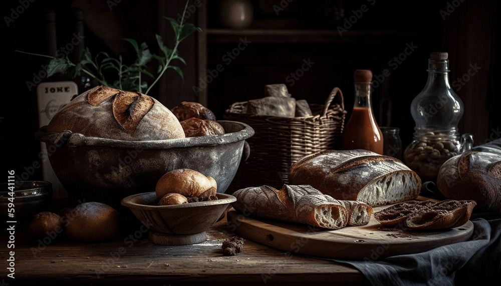 Rustic wheat bread baked fresh on wooden table generated by AI