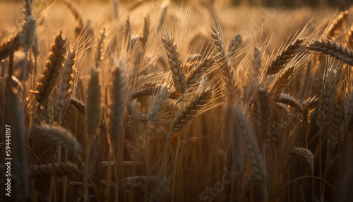 Golden wheat shimmers in the sunset light generated by AI