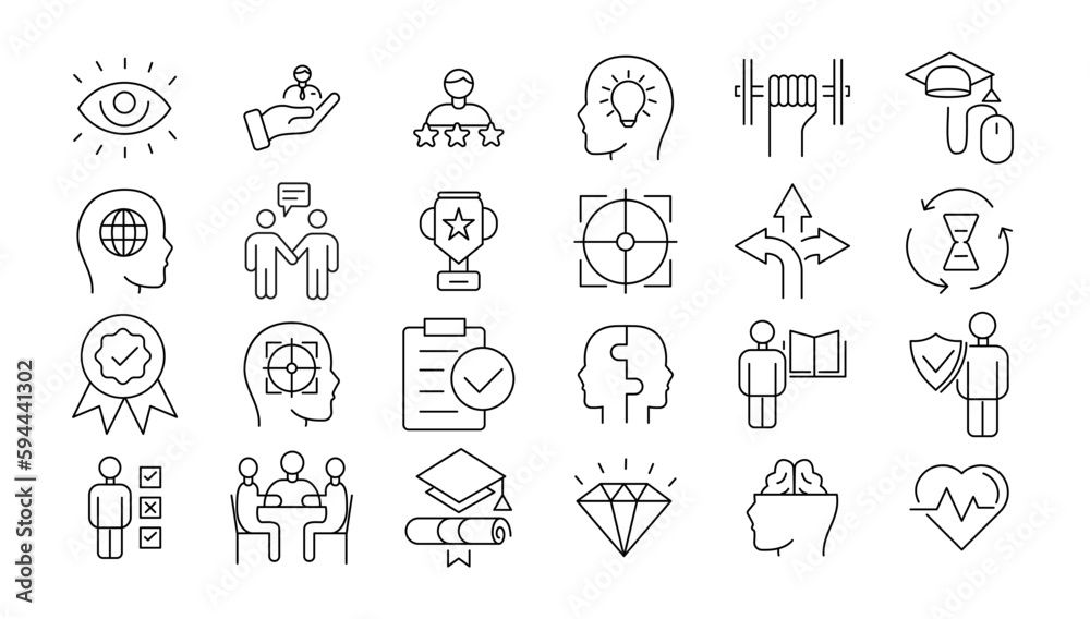 Vector set thin icons related to career progress, coaching, business people training, tutorship and professional consulting service. Mono line pictograms and infographics design elements