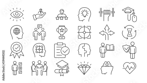 Vector set thin icons related to career progress, coaching, business people training, tutorship and professional consulting service. Mono line pictograms and infographics design elements