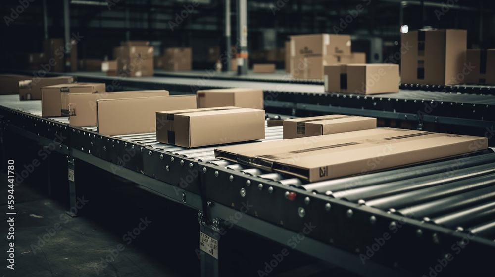 Orders processed on conveyor belt. Cardboard boxes in logistics warehouse. Generative Ai Orders processed on conveyor belt. Cardboard boxes in logistics warehouse. Generative Ai