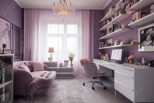 Cozy modern home office for woman  lilac light colors. Super photo realistic background  generative ai illustration