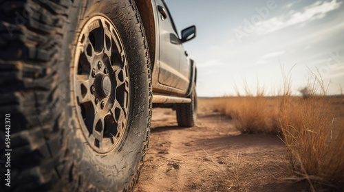 Truck car wheel on offroad steppe adventure trail. Generative Ai