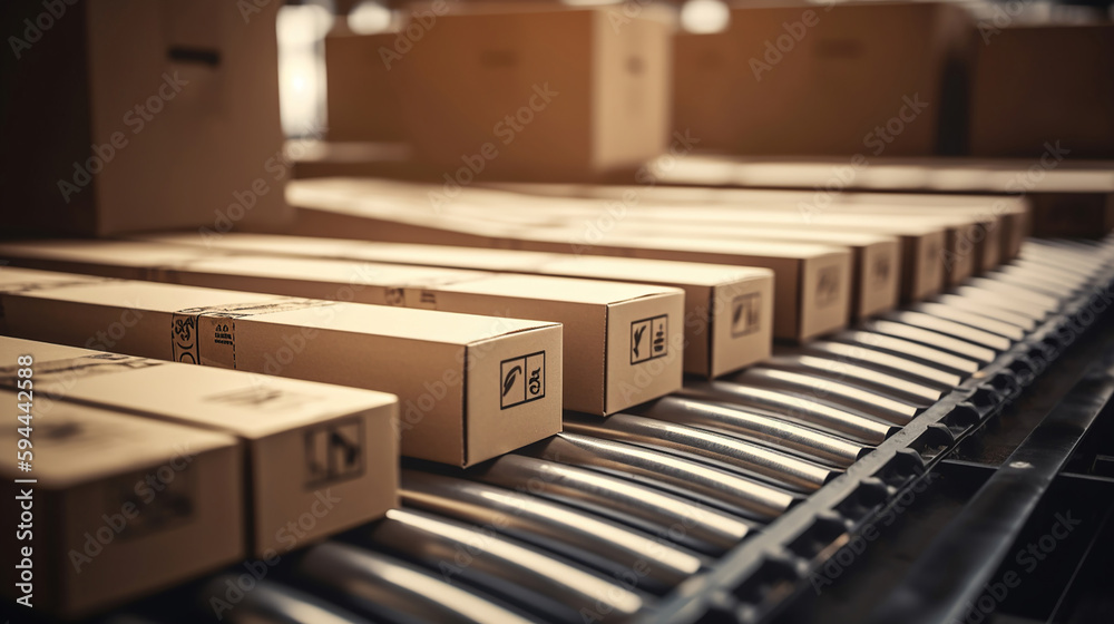 Orders processed on conveyor belt. Cardboard boxes in logistics warehouse. Generative Ai Orders processed on conveyor belt. Cardboard boxes in logistics warehouse. Generative Ai