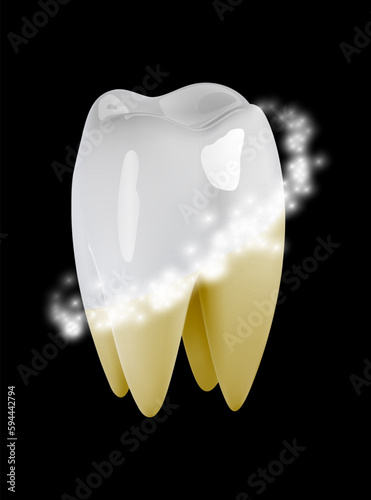 3d tooth whitening hygiene icon. Dental plaque cleaning with laser, toothpaste, for cavity protection, shiny bright smile, enamel care.