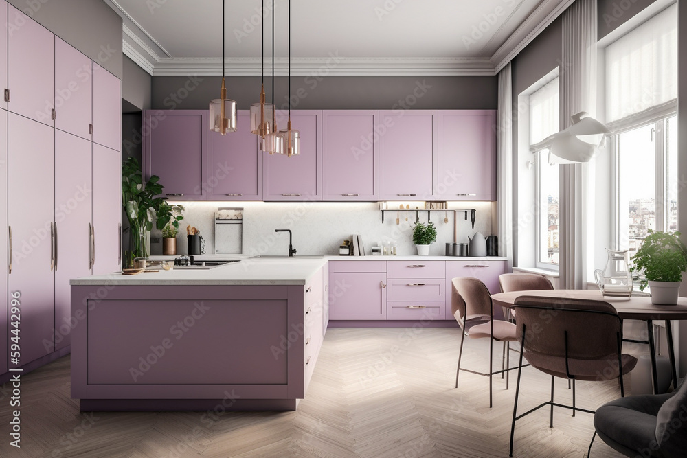 Fototapeta premium Cozy modern kitchen for woman, lilac light colors. Super photo realistic background, generative ai illustration